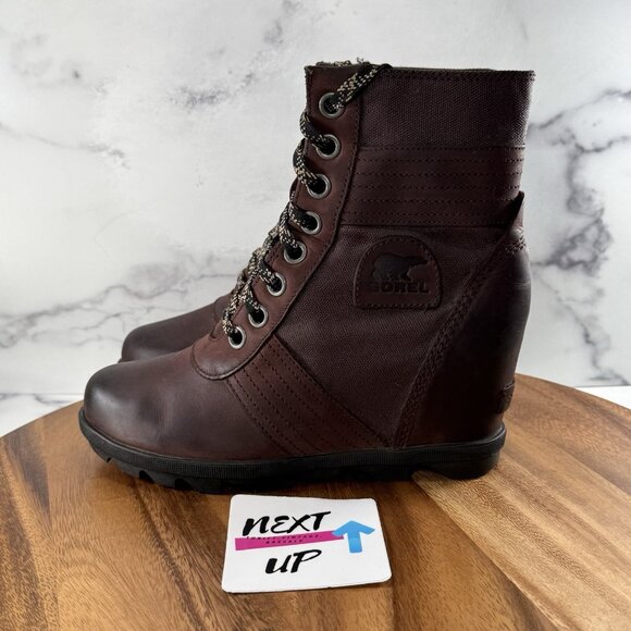 Women’s size 8.5- Sorel Lexie Lace Up Combat Wedge Boots Burgundy Leather - Picture 1 of 10